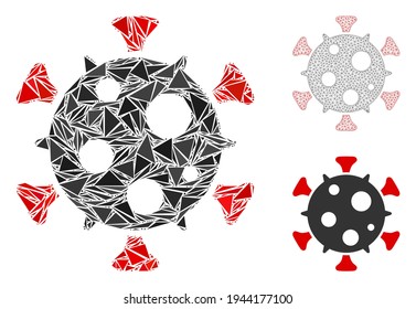Icono de virus de mosaico triangular con modelo de vector de malla. Icono de mosaico de virus de elementos triangulares que tienen tamaños y posiciones variables y tintos de color. Malla poligonal de la canal de cables del virus.