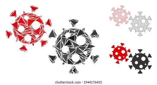 Icono de virus de mosaico triangular con modelo de vector de malla. Icono de mosaico de los elementos triangulares que tienen varios tamaños, posiciones y matices de color. Red triangular de virus de canales por cable.