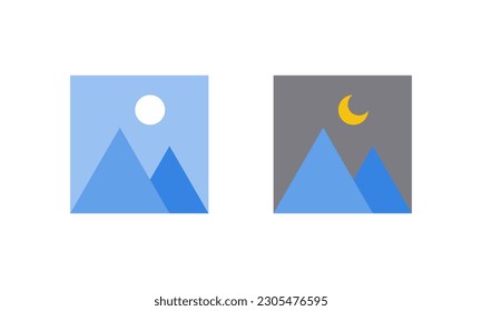 Triangle mountain hill with sun moon in day and night time on square frame icon flat vector design