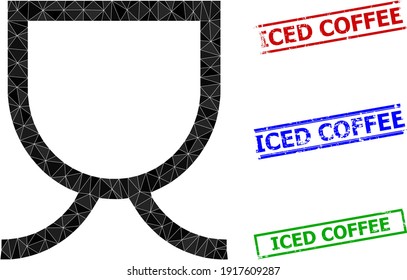 Triangle mug polygonal icon illustration, and distress simple Iced Coffee stamp seals. Mug icon is filled with triangles. Simple watermarks uses lines, rects in red, blue, green colors.
