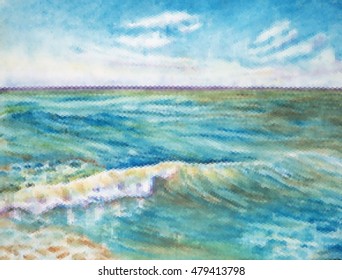 Triangle multicolor vector summer morning seascape with wave running to the coast, foam on the water, cloudy blue sky made from hand drawn pastel artwork.Can be used for prints, textile,wallpaper etc