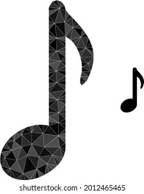 Ilustración de icono poligonal de notas de música triangulares. El icono inferior Nota de música está lleno de triángulos. Símbolo plano de malla abstracta basado en el icono de nota musical.