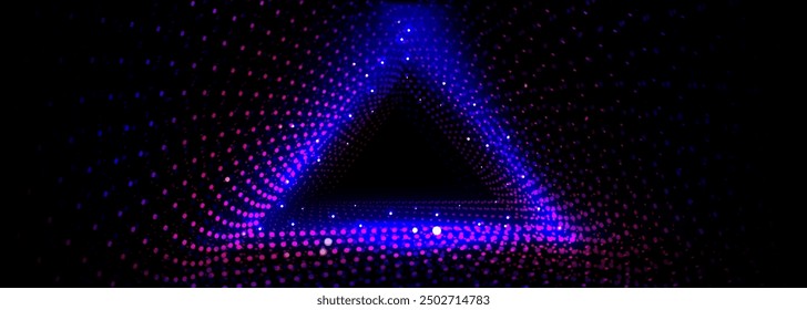 Dreieck-Neonpunkt-Tunnel auf schwarzem Hintergrund. Vektorrealistische Illustration des futuristischen roten und blauen Lichtportals, abstrakter Zeitreiseraum, zukünftiges Technologie-Netzwerk, Fantasy-geometrischer Rahmen