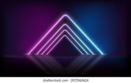 Triangle neon glowing gate on dark background. Template for design
