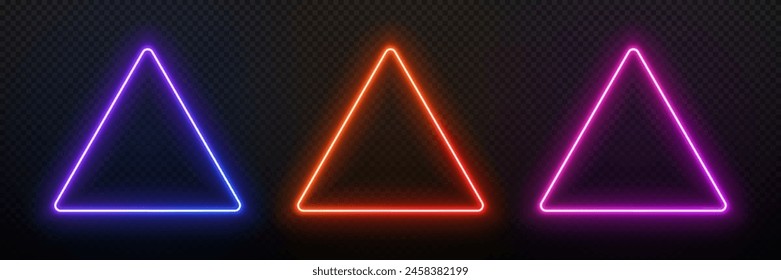 Triangle neon light. Glow geometric frame. Led template for design with text. Gradient laser circuit.