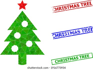 Triangle new year tree polygonal icon illustration, and rough simple Christmas Tree seals. New Year Tree icon is filled with triangles. Simple stamp seals uses lines, rects in red, blue, green colors.