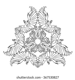 Triangle ornament of flying dove birds pigeon coloring page in mandala kaleidoscopic shape   arrangement, black and white outlines hand drawing isolated vector on white background