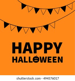 Triangle paper flags. Happy Halloween Lettering text banner with sad black pumpkin silhouette. Colorful flag set hanging on rope. Party time. Greeting card. Flat design. Orange baby background. Vector