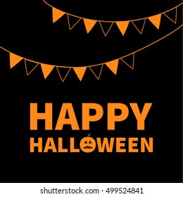 Triangle paper flags. Happy Halloween Lettering text banner with sad orange pumpkin silhouette. Colorful flag set hanging on rope. Party time. Greeting card. Flat design. Black baby background. Vector