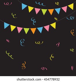 Triangle paper flags Ribbon confetti. Black background. Colorful flag set hanging on rope. Flat design. Vector illustration