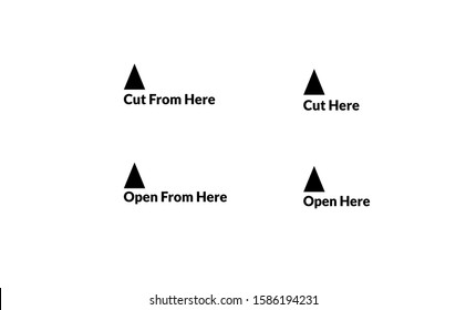 Triangle paper line cut here symbol of cut this out. Cut here icon slitting vector open from here. Open from here or open icon sign for paper line cut give an instructions open for remove label.