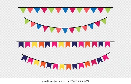 Guirnalda de banderas de partido triangular. Cadena de banderines triangulares. Decoración de fiesta. Banderas de celebración para decoración. Ilustración vectorial