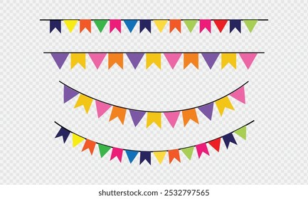 Guirnalda de banderas de partido triangular. Cadena de banderines triangulares. Decoración de fiesta. Banderas de celebración para decoración. Ilustración vectorial