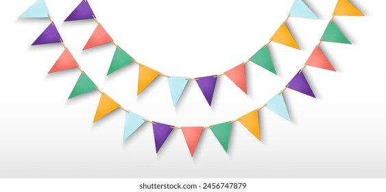 Triangle party garland with ornaments. Realistic 3d vector flag bunting for birthday or carnival design. Funfair hanging triangular paper pennant string. Holiday event festive decoration with pattern.
