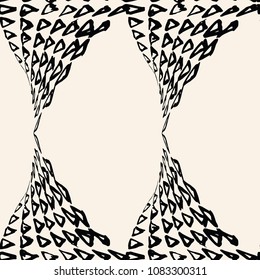 Triangle pattern. Black and white geometry background. Tracery hister texture. Geometric graphic design. Hand drawn ink print. Monochrome minimal triangle seamless pattern. Vintage print.