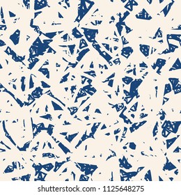 Triangle pattern. Blue white geometric seamless texture. Monochrome design print. Mimimalistic graphic repeating tile. Kimono background. Modern abstract linear ornament. 