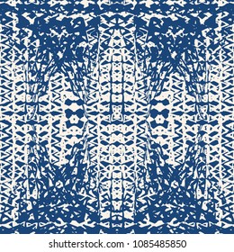 Triangle pattern. Blue and white geometry background. Tracery hister texture. Geometric graphic design. Hand drawn ink print. Monochrome minimal triangle seamless pattern. Wrapping print.