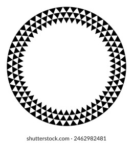 Triangle pattern circle frame. Three rows of black triangles, creating a round border, with serrated and triangle checkered pattern. Isolated black and white illustration on white background. Vector