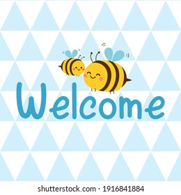 Triangle pattern with cute bee cartoons and hand drawn lettering blue background vector illustration.