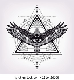 Triangle pattern with had drawn falcon. Sketch for print t shirt and tattoo art. coloring book.Sacred geometry. Masonic symbol. Eye of providance. boho chic. Astrology, alchemy, esoteric, occultism.