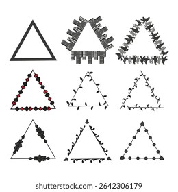 Triangle pattern icon. Leaf shape vector. City dancers border. Black graphic symbol.