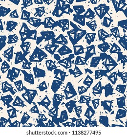 Triangle pattern. Indigo geometric seamless texture. Flat vector design print. Mimimalistic graphic repeating tile. Kimono background. Stylish abstract linear ornament. 