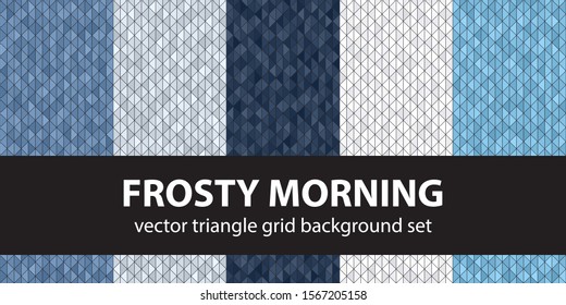 Triangle pattern set Frosty Morning. Vector seamless geometric backgrounds - blue, gray and white triangles on black backdrops