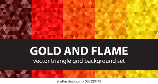 Triangle pattern set Gold and Flame. Vector seamless geometric backgrounds