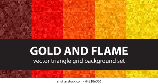 Triangle pattern set "Gold and Flame". Vector seamless geometric backgrounds