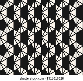 Triangle pattern. Vector abstract geometric seamless texture. Black and white minimalist graphic background with triangles, hexagonal grid, net, lattice. Simple monochrome repeated decorative design