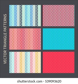 Triangle patterns set. Red, pink, blue, yellow vector seamless backgrounds