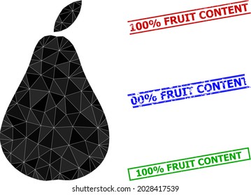 Triangle pear polygonal icon illustration, and rough simple 100 percents Fruit Content seals. Pear icon is filled with triangles. Simple imprints uses lines, rects in red, blue, green colors.
