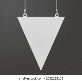 Triangle pennant dangler hanging from ceiling realistic mockup. Mock up of advertising promotion pointer for supermarket sale announcement on transparent background. Mall label vector illustration