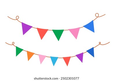 Triangle pennant flags. Hanging summer party garland. Vector illustration