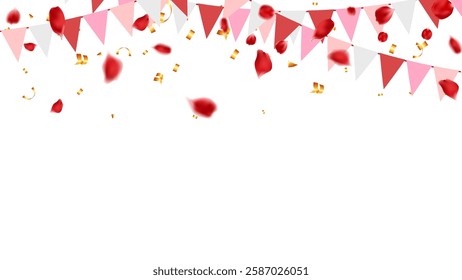 Triangle pennants chain confetti explosions and rose petals for sweet party color concept. birthday, celebration, wedding, anniversary and decoration