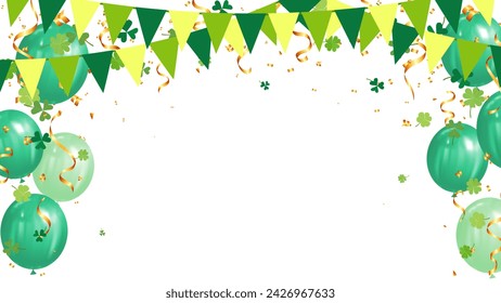 triangle pennants chain, confetti, green balloon and clover leaves for saint Patrick day, holiday party