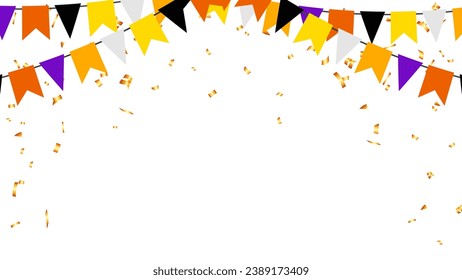 triangle pennants chain and confetti for halloween party color concept. holiday, birthday, celebration, carnival, anniversary and decoration