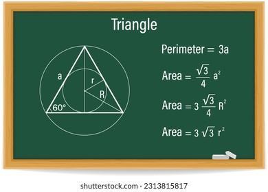 Triangle. Perimeter and area on a green chalkboard. School. Math. Vector illustration.