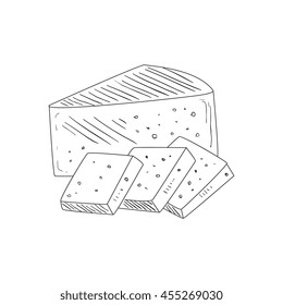Triangle Piece Of Cheese And Wide Slices Hand Drawn Realistic Sketch
