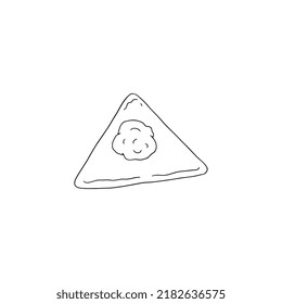 Triángulo trozo de masa con carne para la fabricación de bolas de masa, ilustración del vector de línea negra dibujada a mano aislado sobre fondo blanco. Bolas de volante sin enrollar para la comida china.