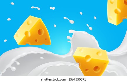 Triangle pieces of cheese in splashing milk realistic vector illustration icon.  