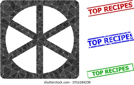 Triangle pizza box polygonal icon illustration, and textured simple Top Recipes stamp seals. Pizza Box icon is filled with triangles. Simple stamp seals uses lines, rects in red, blue, green colors.