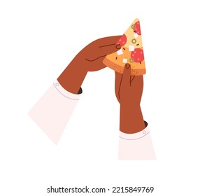 Triangle pizza piece with salami sausage. African-American hands taking, holding cut Italian snack, food slice with pepperoni and cheese. Flat vector illustration isolated on white background