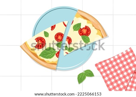 Triangle pizza pieces. Two slices of Margarita pizza on a blue plate and a red checkered napkin. Italian Cooking. Stove .Taking traditional Italian fast food snack. Flat vector illustration