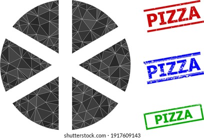 Triangle pizza polygonal icon illustration, and scratched simple Pizza stamp seals. Pizza icon is filled with triangles. Simple stamp seals uses lines, rects in red, blue, green colors.