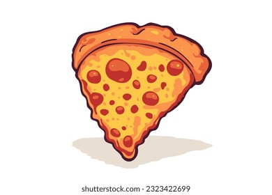 Triangle pizza slice with melted cheese and pepperoni. Cartoon sticker in comic style with contour. Design element food for greeting card, poster, print for clothes, emblem. Vector illustration.