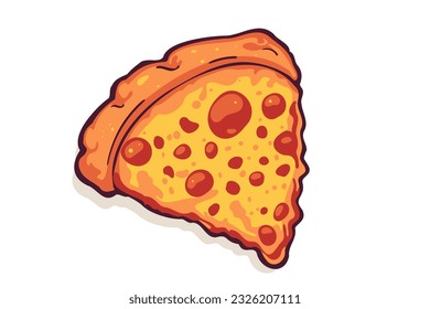 Triangle pizza slice with melted cheese and pepperoni. Cartoon sticker in comic style with contour. Design element food for greeting card, poster, print for clothes, emblem. Vector illustration.