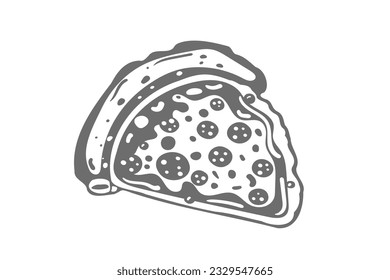 Triangle pizza slice with melted cheese and pepperoni. Cartoon sticker in comic style with contour. Design element food for greeting card, poster, print for clothes, emblem. Vector illustration.