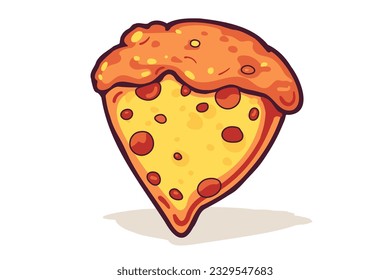 Triangle pizza slice with melted cheese and pepperoni. Cartoon sticker in comic style with contour. Design element food for greeting card, poster, print for clothes, emblem. Vector illustration.