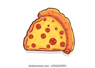 Triangle pizza slice with melted cheese and pepperoni. Cartoon sticker in comic style with contour. Design element food for greeting card, poster, print for clothes, emblem. Vector illustration.